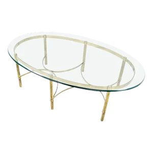 Brass 6 Legged Base Glass Oval Top Mid-Century Modern Coffee Table