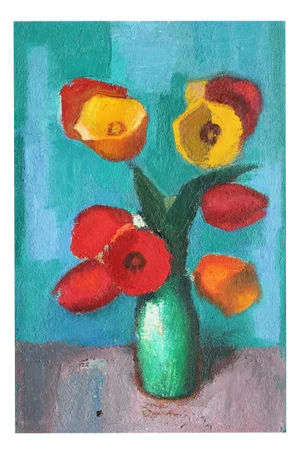 Aleksandr Rodin, Tulips in a Vase, Oil on Cardboard