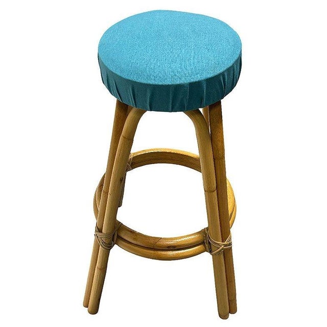 Mid-Century Modern Restored MCM Single Stand Arched Rattan Bar Stool W/ Blue Seat, 8 Available For Sale - Image 3 of 5