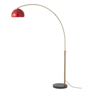 Half Dome 92" Arc Floor Lamp - Mid-Century Modern, Brass, Marble, Crimson Red Shade For Sale