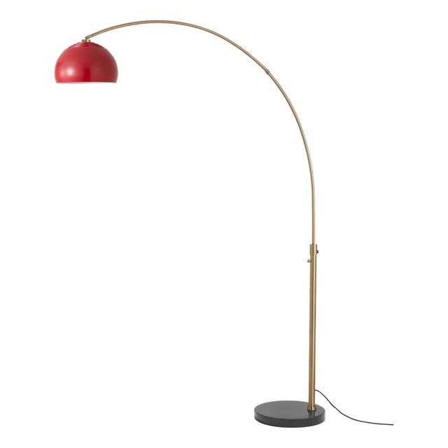 Half Dome 92" Arc Floor Lamp - Mid-Century Modern, Brass, Marble, Crimson Red Shade For Sale