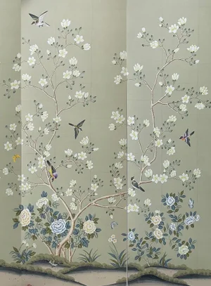 Hand Painted Chinoiserie Wallpaper on Celadon Tea Paper Panel - 2 Panels