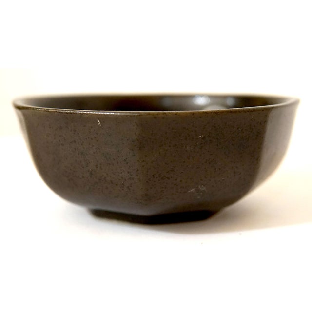 Asian Vintage Mid 20th Century Brownish-Black Korean Glazed Octagonal Bowl With Blue and White Ceramic For Sale - Image 3 of 8