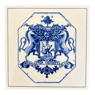 Dutch Delft Blue and White Porcelain Tile With Heraldic Coat of Arms For Sale