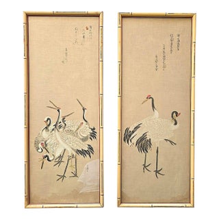 1930s Japanese Shōwa Era Crane Silk Panels With Faux Bamboo Frames, a Pair For Sale