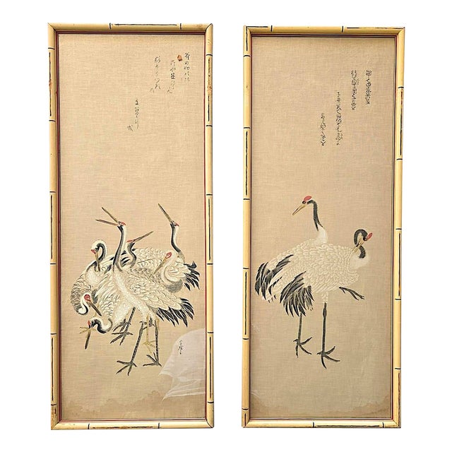 1930s Japanese Shōwa Era Crane Silk Panels With Faux Bamboo Frames, a Pair For Sale