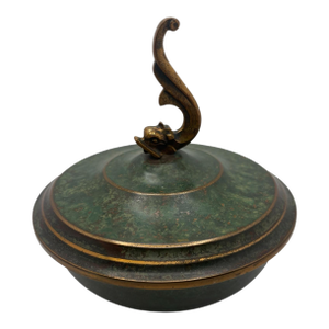 1920s Carl Sorensen Arts & Crafts Bronze Covered Dish With Dolphin Finial Lid