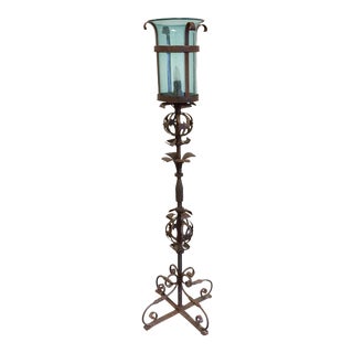 Spanish Revival Hand Forged Iron Floor Lamp with Hand Blown Seed Glass Aqua Shade For Sale