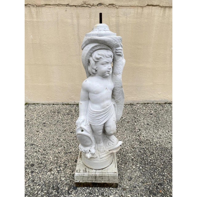 Antique Italian Classical Carved Marble 31" Cherub Dolphin Garden Fountain Statue. Item weighs approx 70 lbs. We do not...