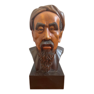 Hand-Carved Wood Bust of Ho Chi Minh by Thanh Lê