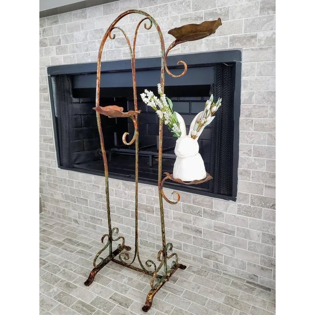 Metal French Art Nouveau Period Antique Weathered Chippy Paint Wrought Iron Standing Tiered Candle Holder Floor Display Plant Stand Sculpture For Sale - Image 7 of 11