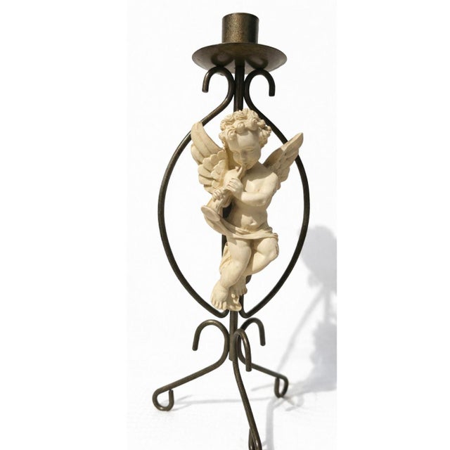 Hollywood Regency Vintage Pair Cherub Angel Figural Candlesticks Metal & Porcelain Putti Candle Holders 11" For Sale - Image 3 of 4