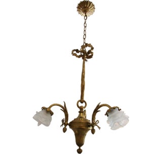 Antique French Gilt Bronze Three Arm Chandelier With Rose Shades Circa 1910 For Sale