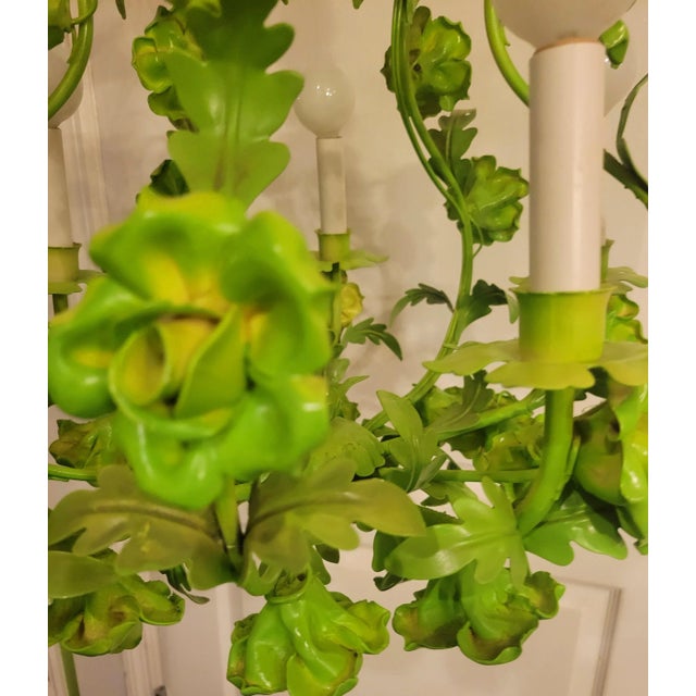 Vintage Tole Chinoiserie Italian Painted Lime Pale Green Rose 5 Light Chandelier For Sale - Image 9 of 10