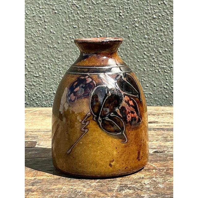 Vintage Hand Painted Leaves Studio Pottery Vase For Sale - Image 11 of 12