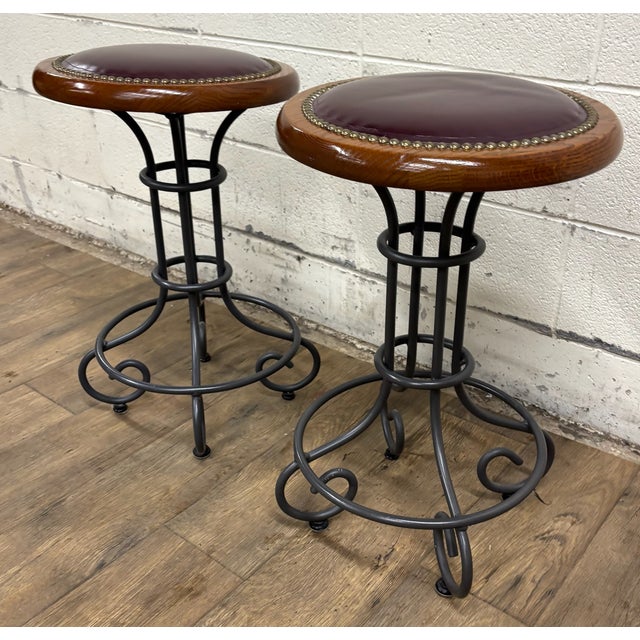 Vintage Virginia House Oxblood Burgundy Vinyl Nailhead Swivel Backless Barstools For Sale - Image 12 of 15