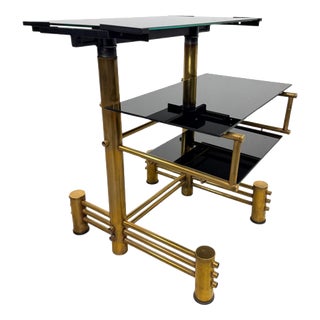 Hungarian Postmodern Brass and Smoked Glass Rolling Hi-Fi Media Stand, 1970s For Sale