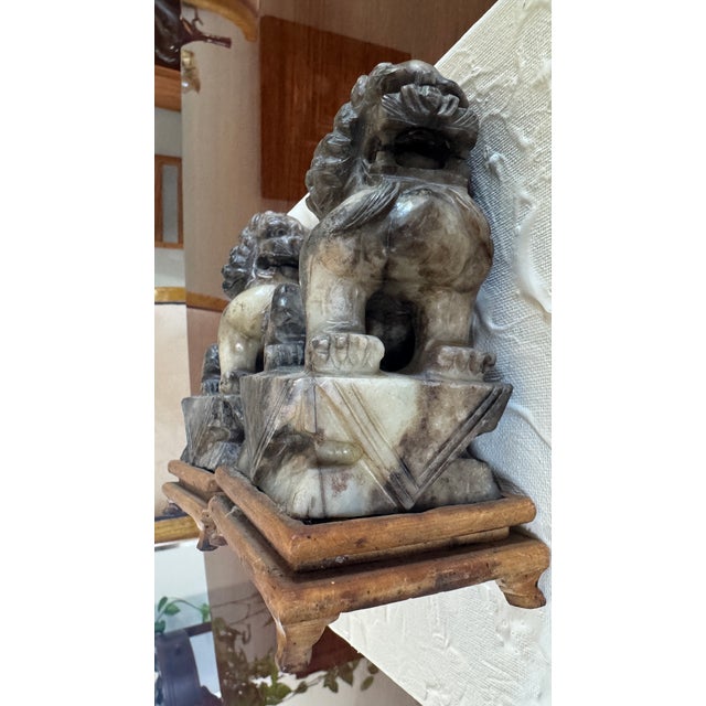 Vintage Foo Dogs Gray Marble Chinese Temple Lions 6” Tall For Sale - Image 4 of 14