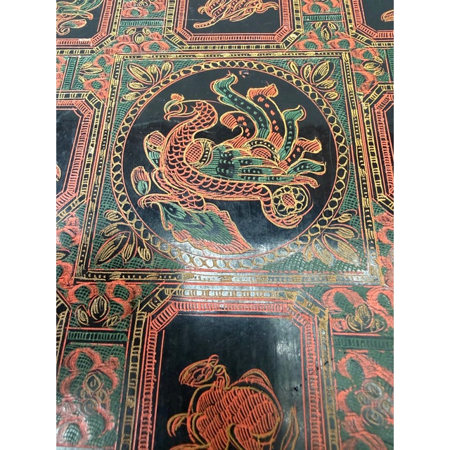 Red Antique Black Red Burmese Lacquer Zodiac Tray For Sale - Image 8 of 17