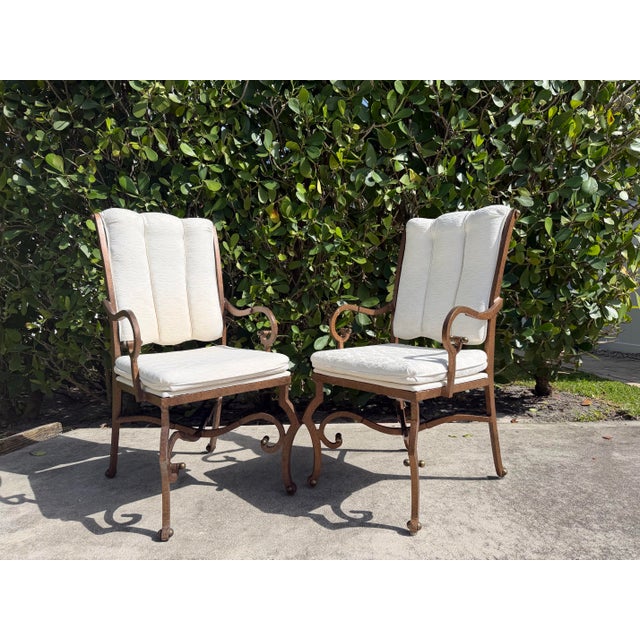 Brown Vintage Hammered Iron Scroll Arm Lounge Chairs With Brass Finials, a Pair For Sale - Image 8 of 18