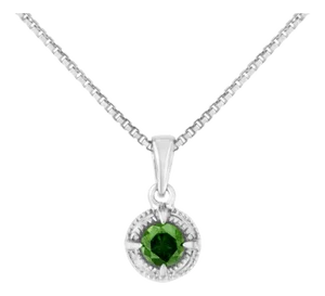 .925 Sterling Silver 1/5 Cttw Treated Green Diamond Solitaire 18" Milgrain Pendant Necklace (Green Color, I1-I2 Clarity)