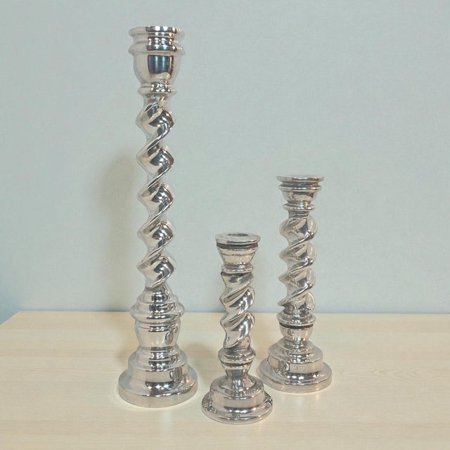 Contemporary Set of 3 Polished Pewter Twisted Candle Holders 7”-14.5” For Sale - Image 3 of 12