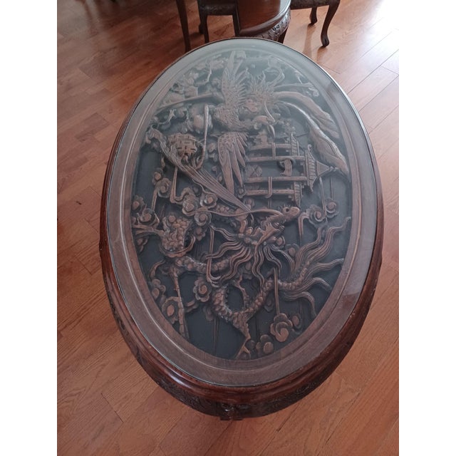20th Century Asian Mahogany Carved Tea Table and Stools - 7 Pieces For Sale - Image 4 of 8
