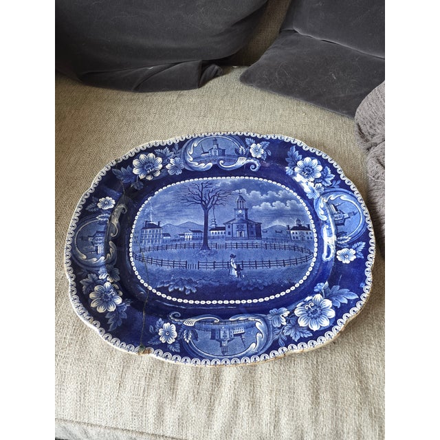 Blue and White Staffordshire Platter "Winter View of Pittsfield Massachusetts " For Sale - Image 9 of 10
