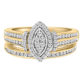 14K Yellow Gold Plated Sterling Silver 1/2 Cttw Marquise Cluster Diamond Bridal Set - Size 7 For Sale