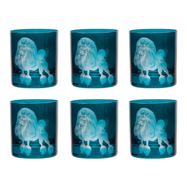 ARTEL Dog Collection Poodle Double Old Fashioned Glass in Peacock - Set of 6 For Sale
