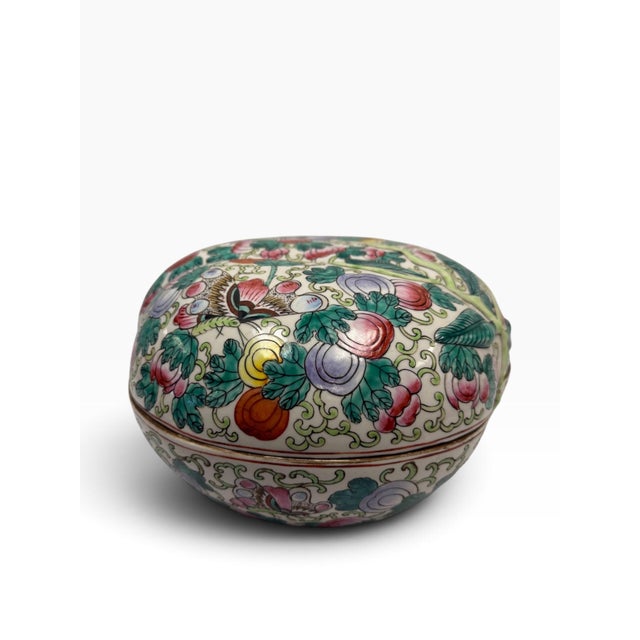 Vintage Large Chinese Hand-Painted Famille Rose Peach-Shaped Covered Porcelain Box For Sale - Image 4 of 7