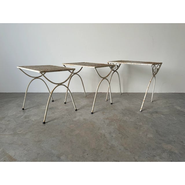 1970s 70's Mid-Century Salterini Style Wrought Iron Nesting Patio Side Tables - Set of 3/ Sold For Sale - Image 5 of 12