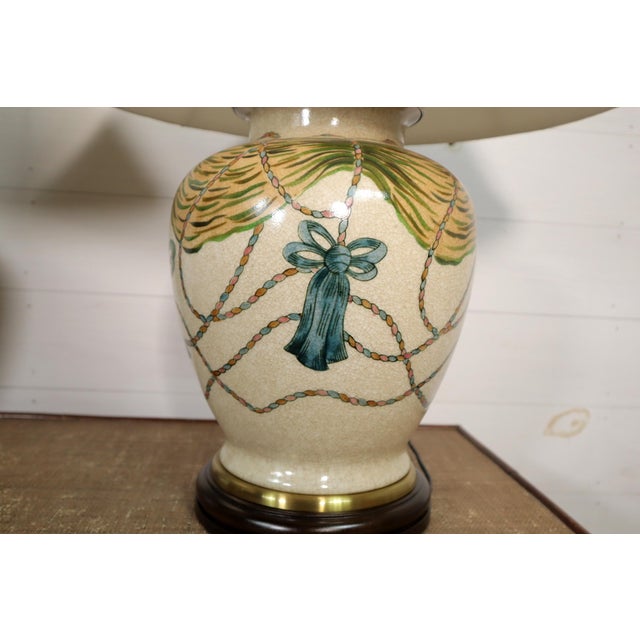 Vintage Pair Wildwood Hand Painted Ceramic Tassel Table Lamps 80's 90's Hollywood Regency Neoclassical Traditional For Sale - Image 6 of 17