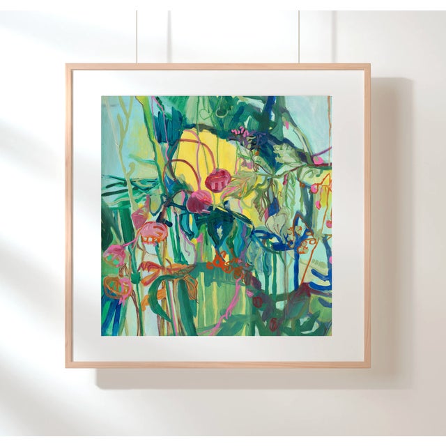 the Greenhouse at Noon explores botanical energy through sweeping brushwork, layered color, and intuitive mark-making....