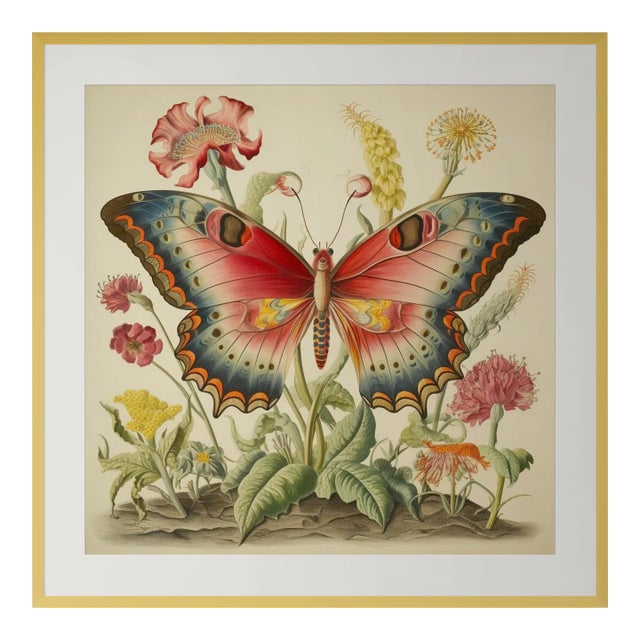 18" X 18" Framed 'Butterfly and Flowers' Watercolor Botanical Fine Art Print #9 For Sale