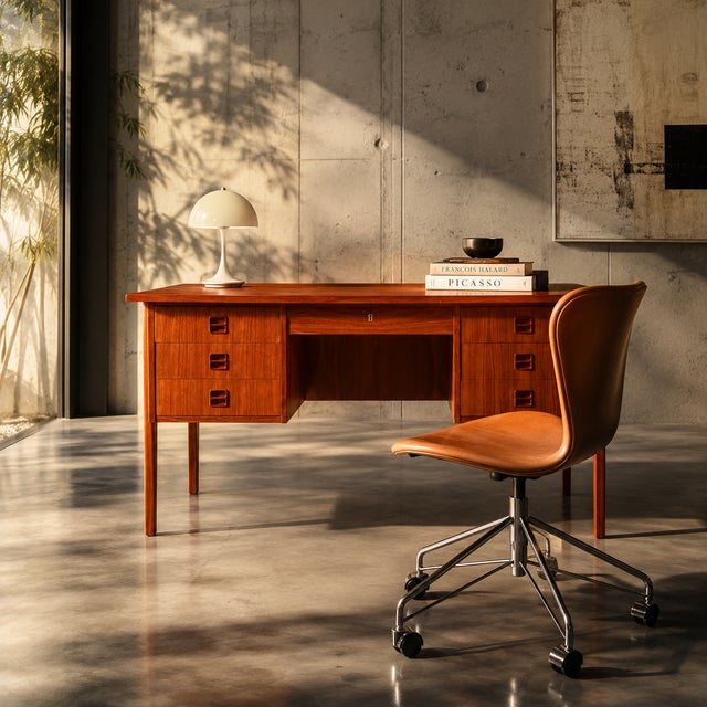 Freestanding executive desk crafted by a danish cabinetmaker, denmark, c. 1960s. executed in teak with six drawers,...