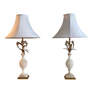 Pair of Vintage 1950's Hollywood Regency Alabaster Table Lamps For Sale
