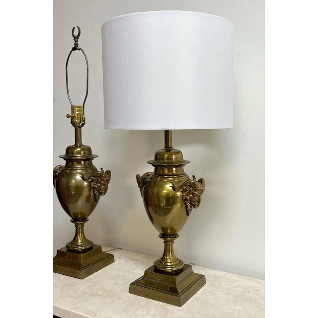 1950s Pair of Brass Mid Century Regency Style Table Lamps With Ram Heads For Sale - Image 5 of 10