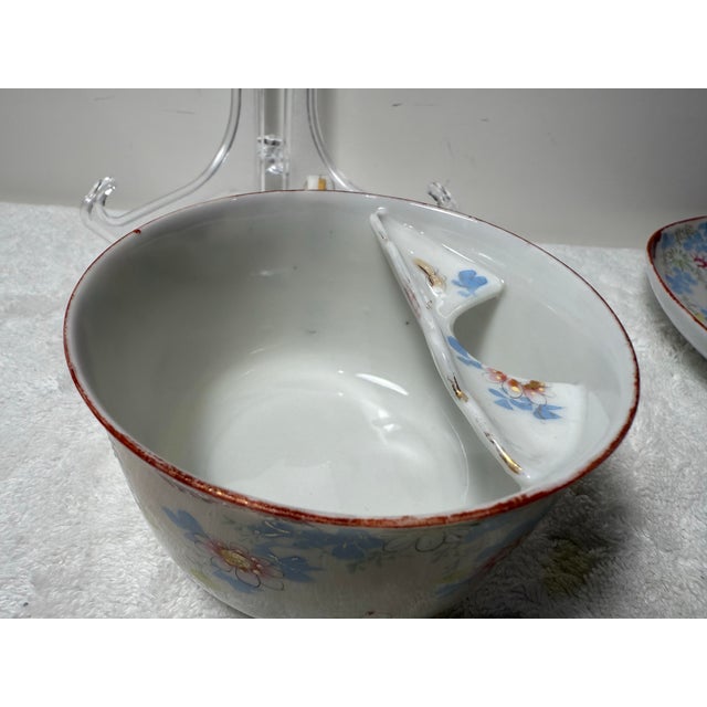 Antique/ Vintage porcelain mustache cup and saucer. Teacup with mustache guard in white porcelain hand painted with...