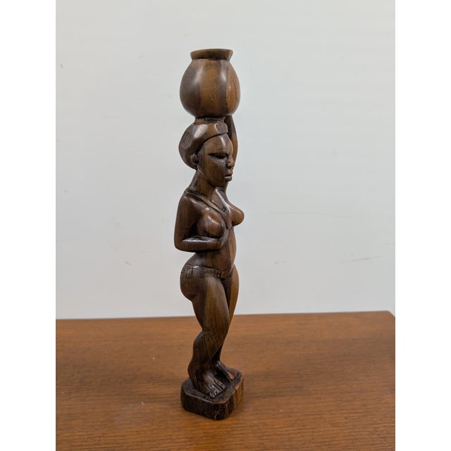 Early 20th Century Vintage African Wood Carving: Woman Balancing Water Jug For Sale - Image 5 of 5