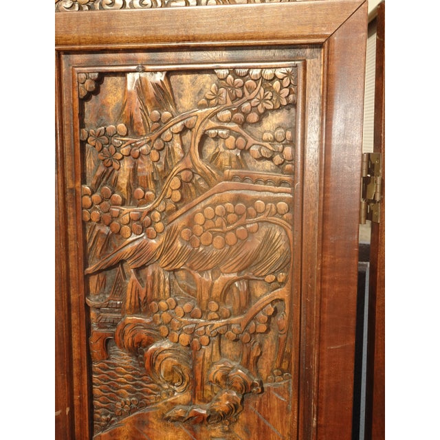 Wood Vintage Oriental Asian Brown Hand Carved Wood Four Panel Screen ~ Room Divider For Sale - Image 7 of 17