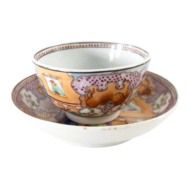 19th Century English New Hall Porcelain Chinoiserie Cup and Saucer #425 "Boy in the Window" For Sale