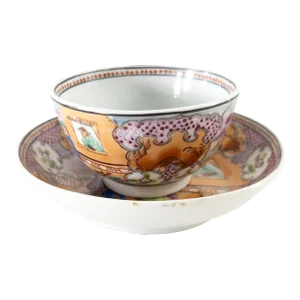 19th Century English New Hall Porcelain Chinoiserie Cup and Saucer #425 "Boy in the Window"