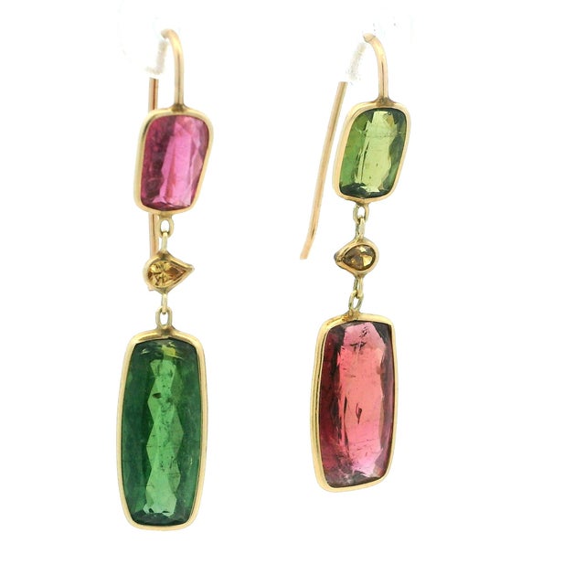 Designed by Talia Jade Jewelry in 2022, these one-of-a-kind drop earrings pair vivid pink, green and yellow tourmalines in...
