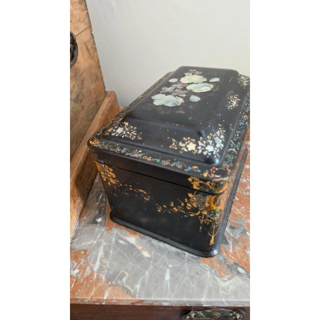 Antique Victorian Papier Mache Tea Caddy Mother of Pearl Inlay Black Lacquer Box Cut Crystal Mixing Bowl 19th Century For Sale - Image 9 of 17
