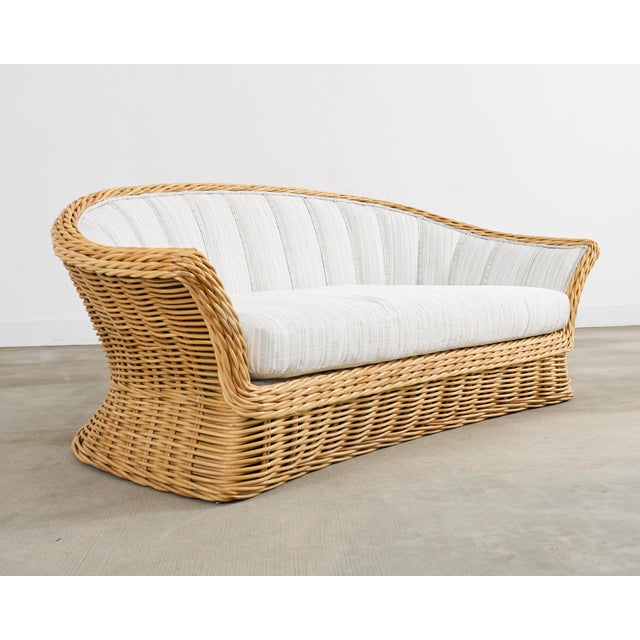 Michael Taylor Style Woven Rattan Sofa and Matching Ottomans For Sale In Sacramento - Image 6 of 12