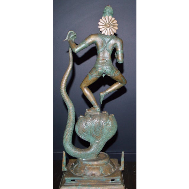 Bronze Mid Century Indian Chola Style Bronze Metal Krishna Dance Snake Tandava Tall Large Antique Statue Figure For Sale - Image 8 of 13