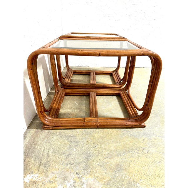 Vintage Coastal Rattan Bamboo End Tables With Glass Tops a Pair