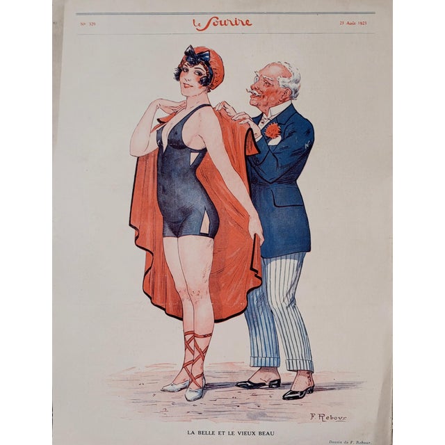 Le Sourire 1923 F. Rebour "La Belle Et Le Vieux Beau" Cover Print For Sale
