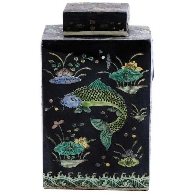 Contemporary Fish Square Black Porcelain Tea Jar For Sale - Image 3 of 4